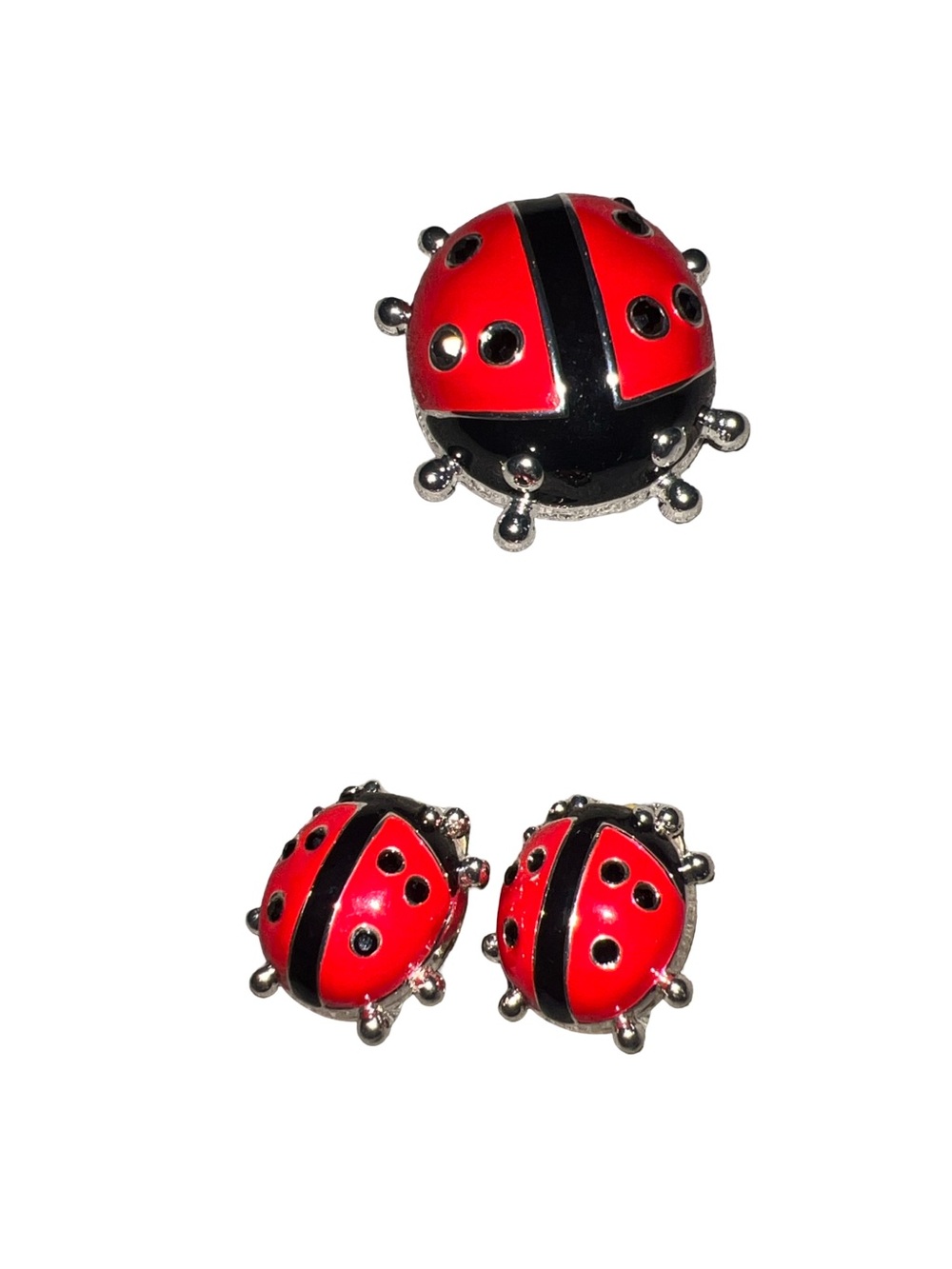 Vtg BEST Signed Silver Tone Red Black Rhinestone Lady bug Brooch Earrings Set